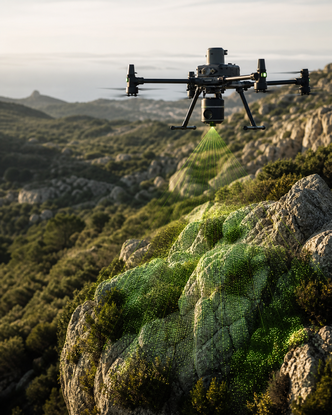 Drone professionale con sensore LiDAR durante il rilievo di una parete rocciosa